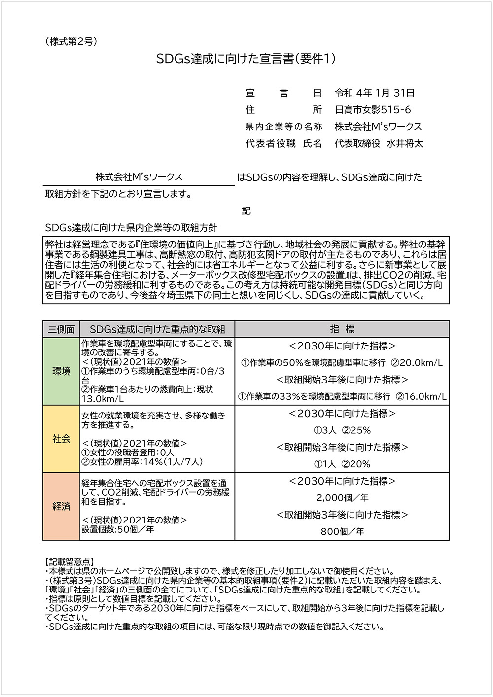 SDGs達成に向けた宣言書（要件1）